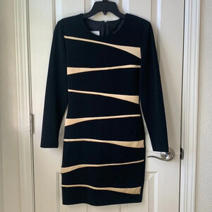 Joseph Ribkoff bandage bodycon black gold long sleeve mini dress size 4 Vtg